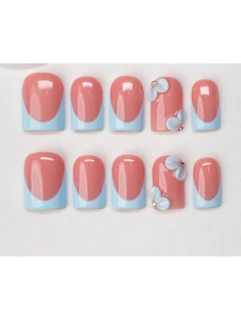 Extra short square Press on nails blue French tips acrylic flowers rhinestones